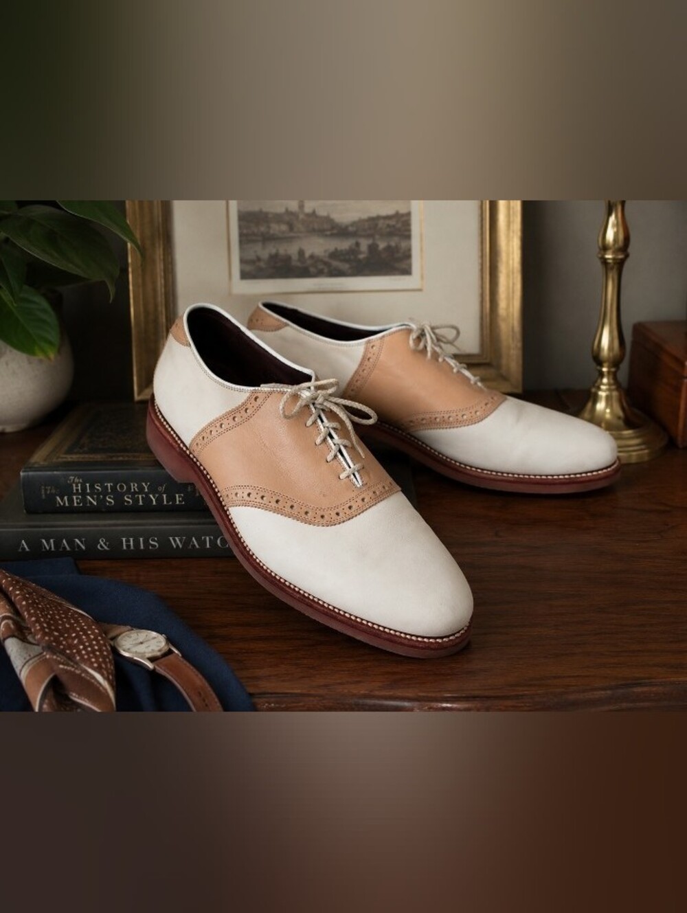 Allen Edmonds Saddle Oxford Dress Shoes Ivory Tan Leather Vibram Soles Size 10